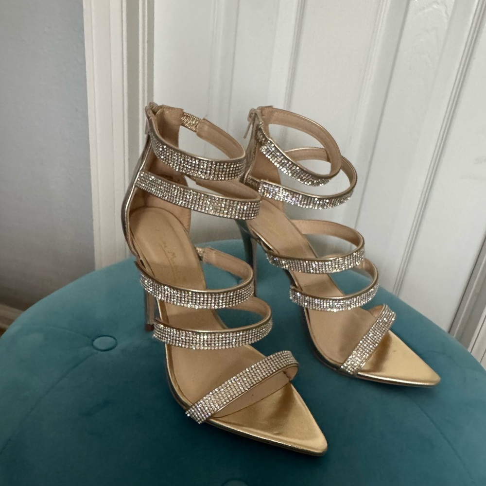 Anne Michelle Gold Strappy Heels with Rhinestones
